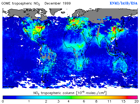 Tropospheric NO2 column of December 1999