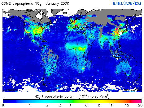Tropospheric NO2 column of January 2000
