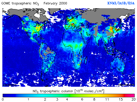 Tropospheric NO2 column of February 2000
