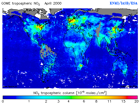 Tropospheric NO2 column of April 2000