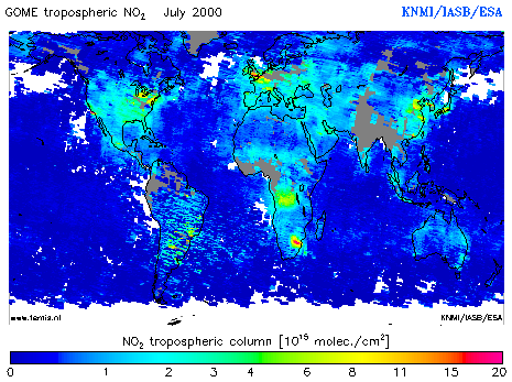 Tropospheric NO2 column of July 2000