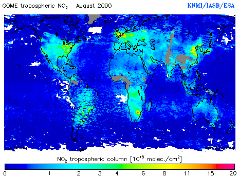 Tropospheric NO2 column of August 2000