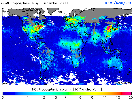 Tropospheric NO2 column of December 2000