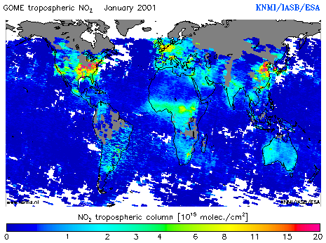 Tropospheric NO2 column of January 2001
