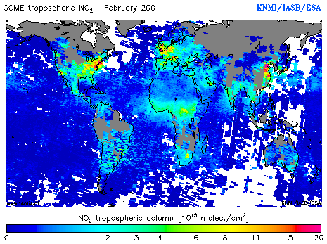Tropospheric NO2 column of February 2001