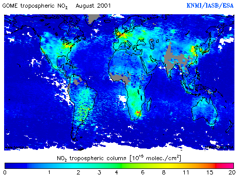 Tropospheric NO2 column of August 2001