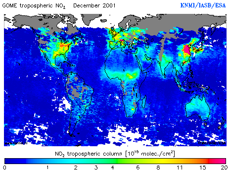 Tropospheric NO2 column of December 2001