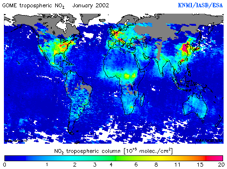 Tropospheric NO2 column of January 2002