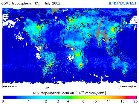 Tropospheric NO2 column of July 2002