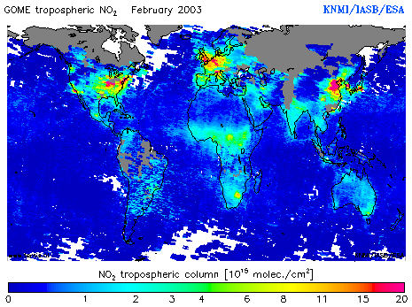 Tropospheric NO2 column of February 2003