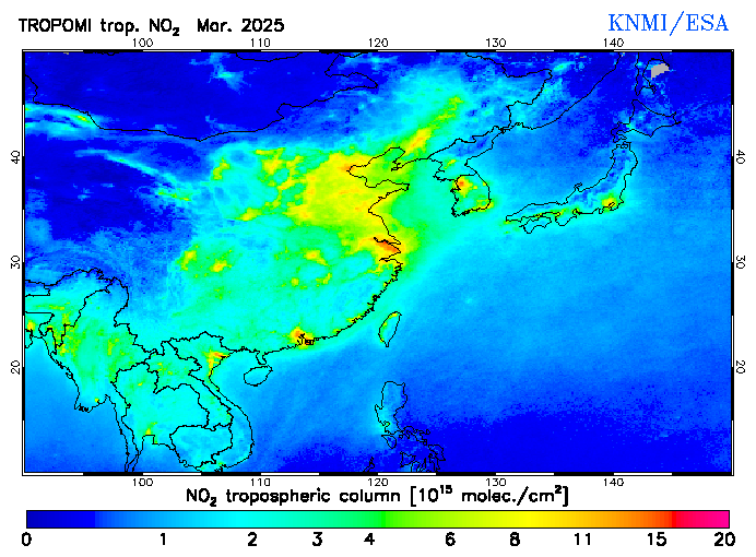 Regional Tropospheric NO2 of March 2025