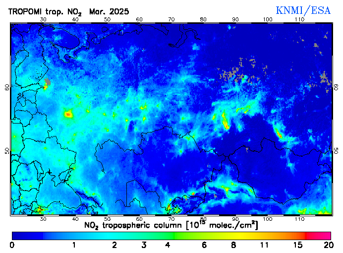 Regional Tropospheric NO2 of March 2025